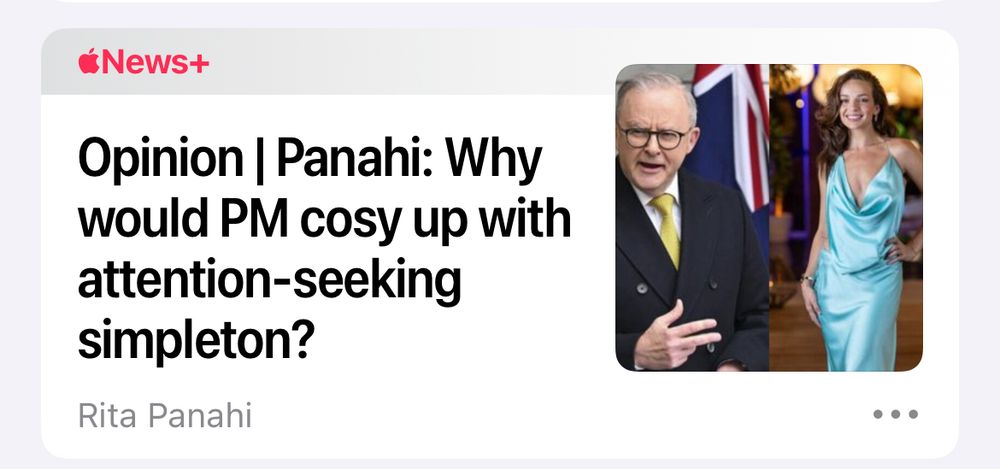 Screenshot of Apple News headline “Panahi: Why would PM cosy up with attention-seeking simpleton?”