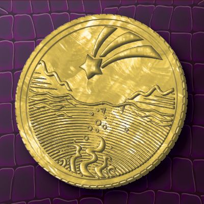 A gold coin etched with the image of a shooting star falling over a mountain lake. Under the water of the lake, tentacles are reaching upwards. The coin rests upon purple reptilian leather.