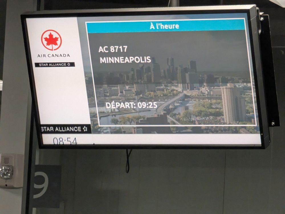 Flight AC 8717 to Minneapolis, leaving at 9:25