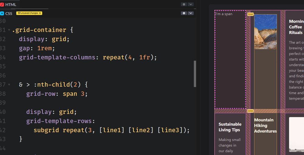 Naming subgrid line names with grid-template-rows: subgrid repeat(3, [line1] [line2] [line3]). This names each of the subgrid row lines.