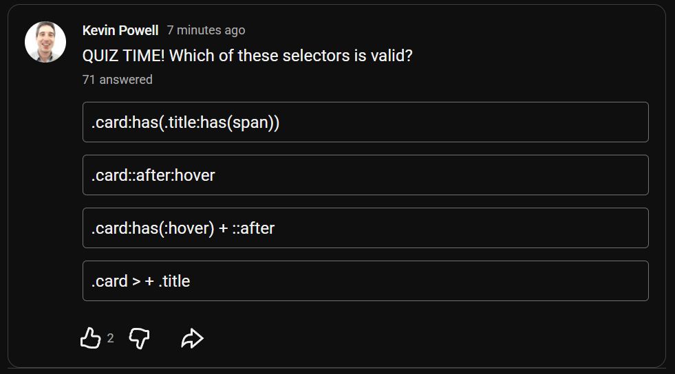 Which of these selectors is valid? 
.card:has(.title:has(span)).card::after:hover.card:has(:hover) + ::after.card > + .title

