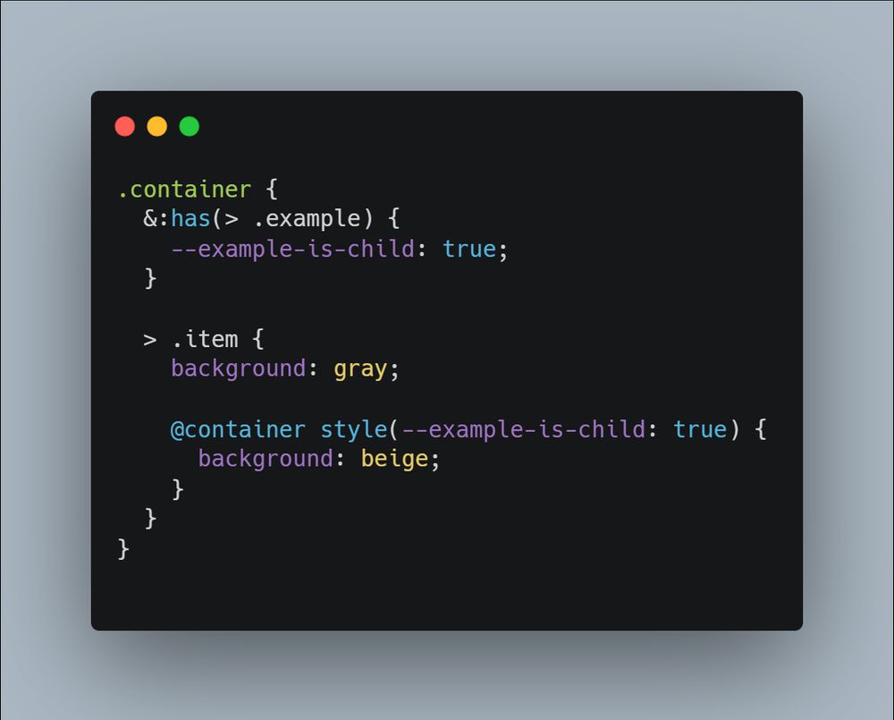 CSS, where a container class is using the has pseudo-class to look for the presence of a direct child. If that child exists, a custom property is set to true. Then, items that are a direct child are using a style query looking for that custom property to be true. if it is, they have new styles applied to them.