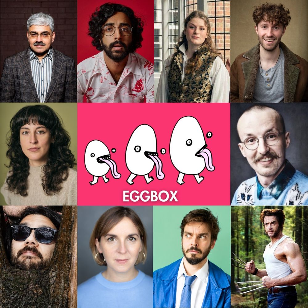 Eggbox guest cast for November the 4th - Mark Silcox, Rajiv Karia, Amy Greaves, Christian Brighty, Chiara Goldsmith, Andy Field, Kieran Murphy, Kat Bond and Joz Norris! NB Wolverine also appears in this photo, but only because I had to fill an extra square in the grid template