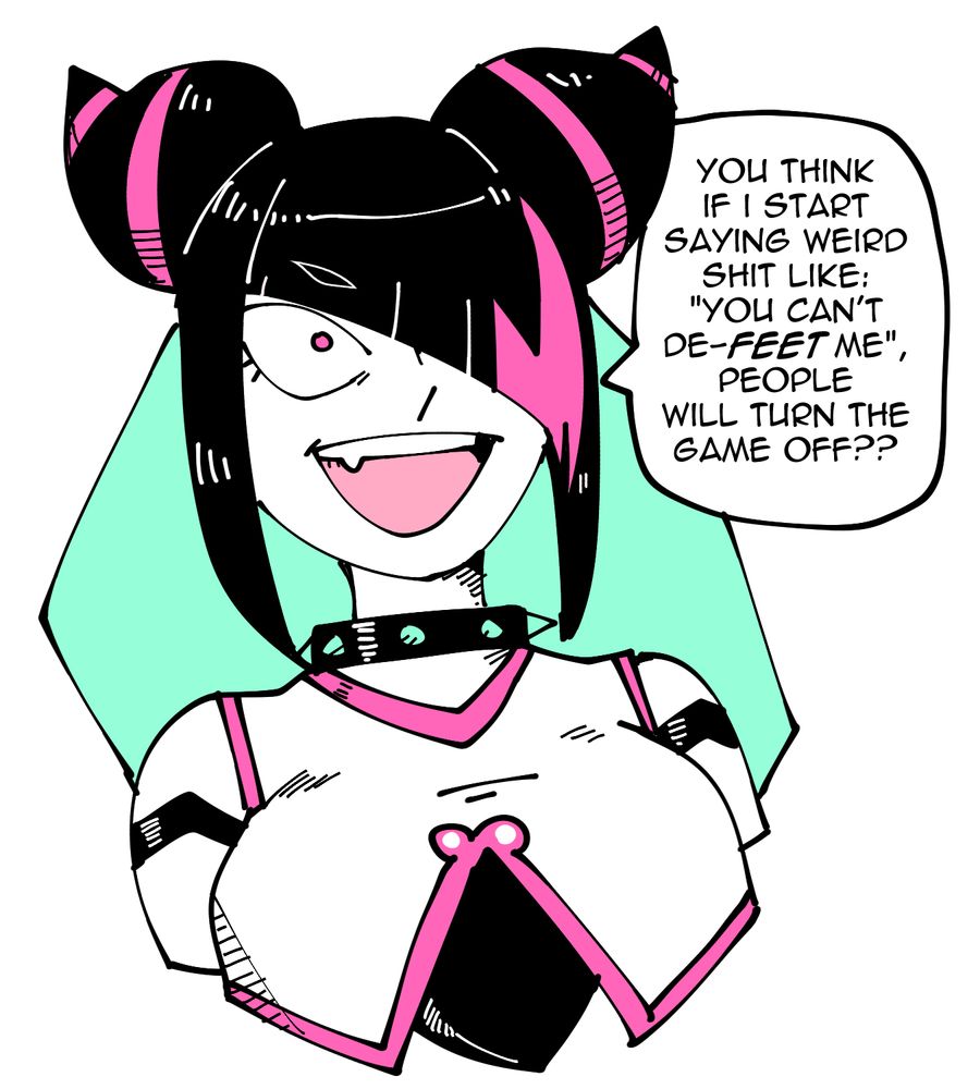 Portrait of Juri, loudly wondering "You think if I start saying weird shit like 'You can't De-FEET me', people will turn the game off?"