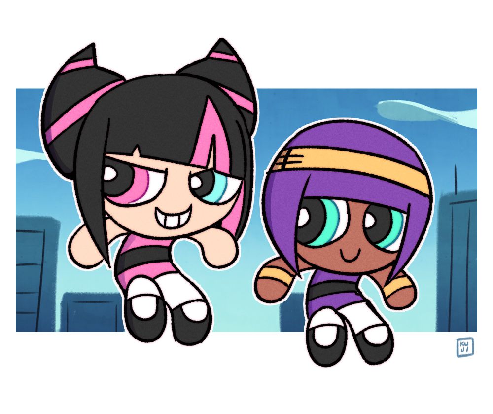 Juri and Menat from Street Fighter drawn in powerpuff girls style