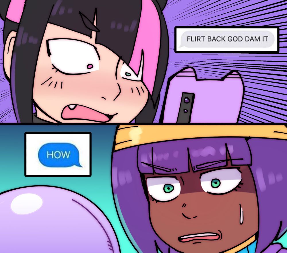 Juri and Menat from Street Fighter texting each other with exasperated looks on their faces. Juri's phone screen reads "FLIRT BACK, GOD DAMMIT". Menat's crystal ball reads "HOW".