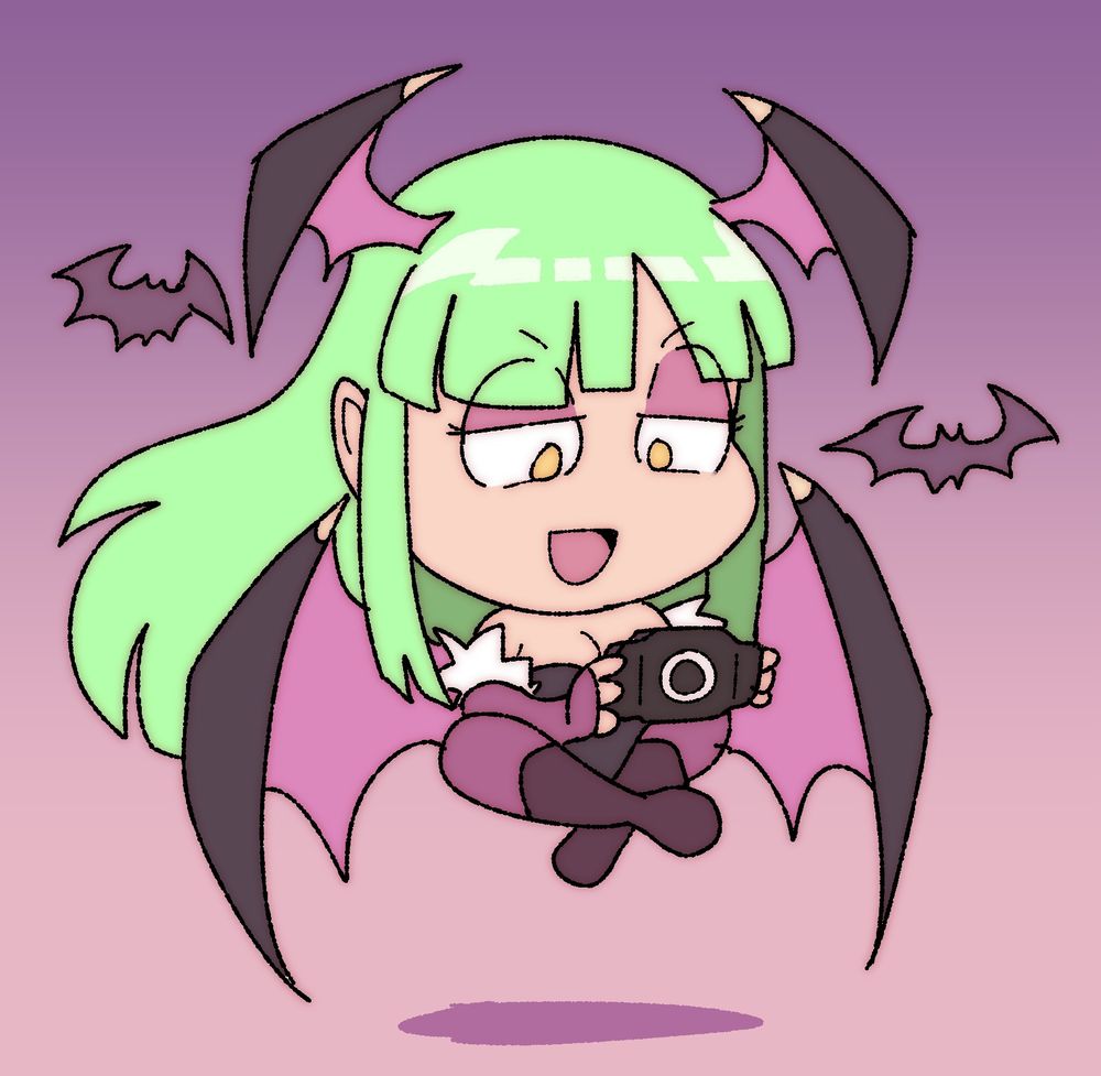 Morrigan from darkstalkers playing a PSP