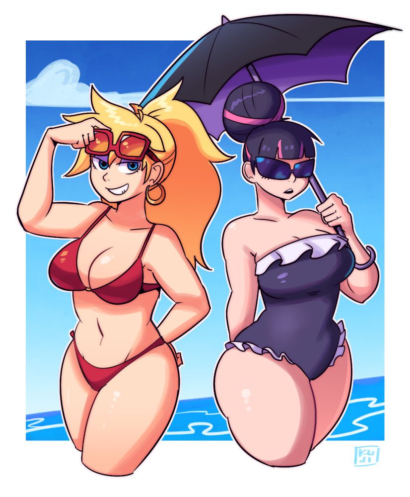 Illustration of Panty and Stocking from PASWG wearing swimsuits