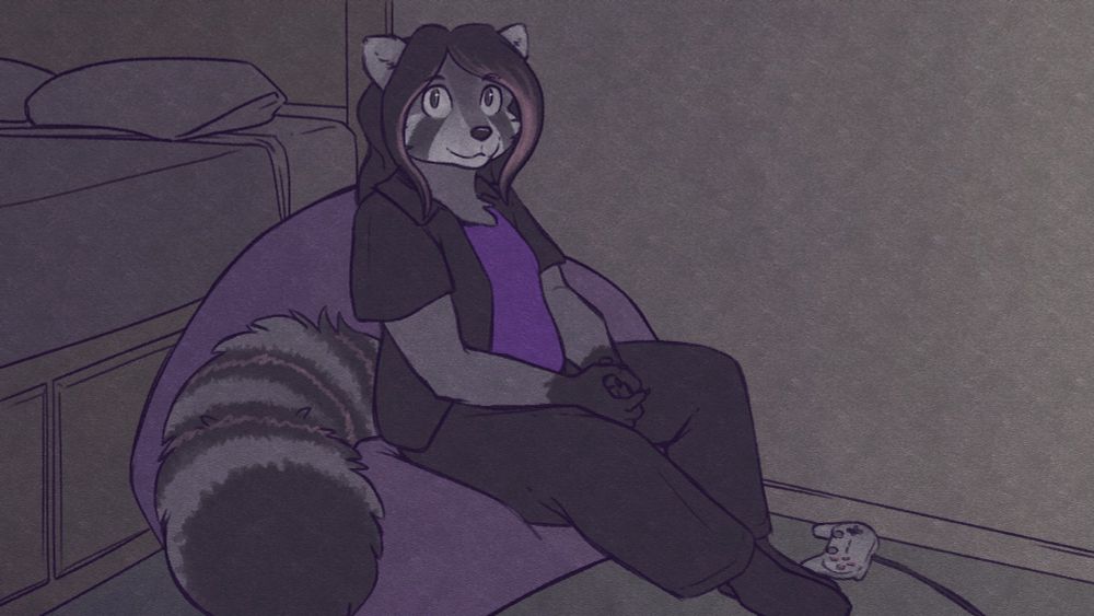 A non-binary raccoon on a bean bag chair in a dimly lit bedroom
