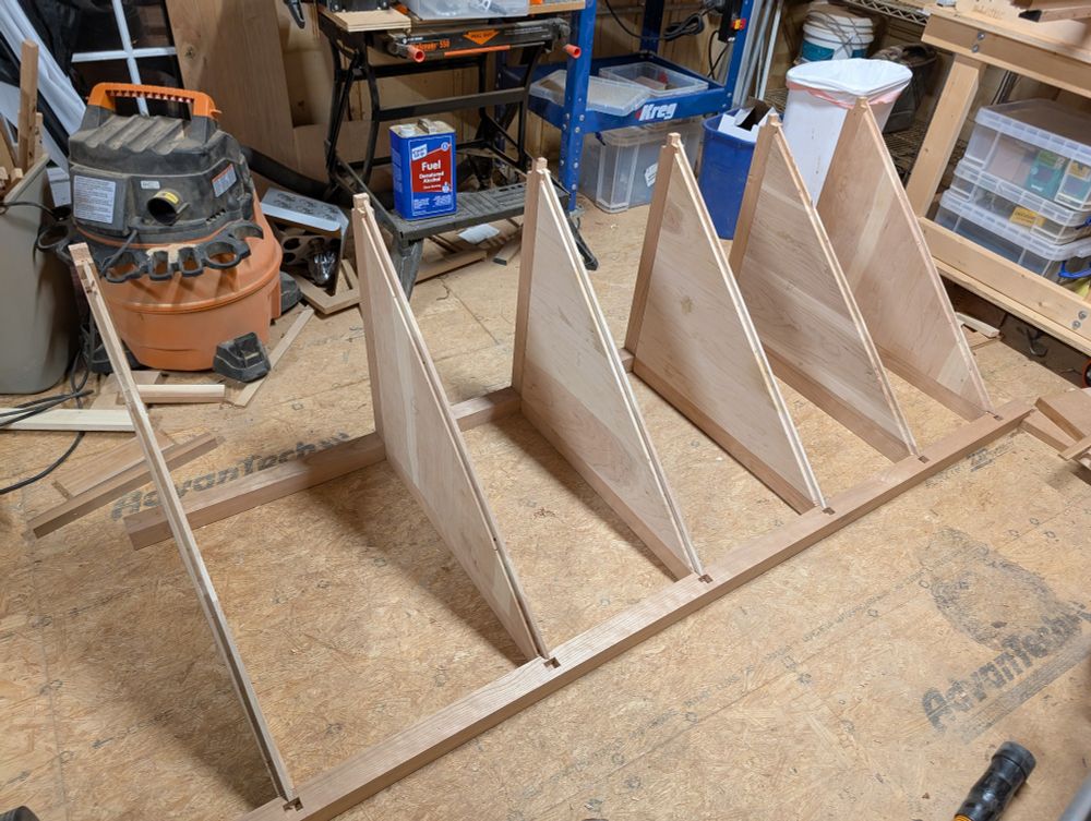 Test fit of triangular shelves, cherry wood