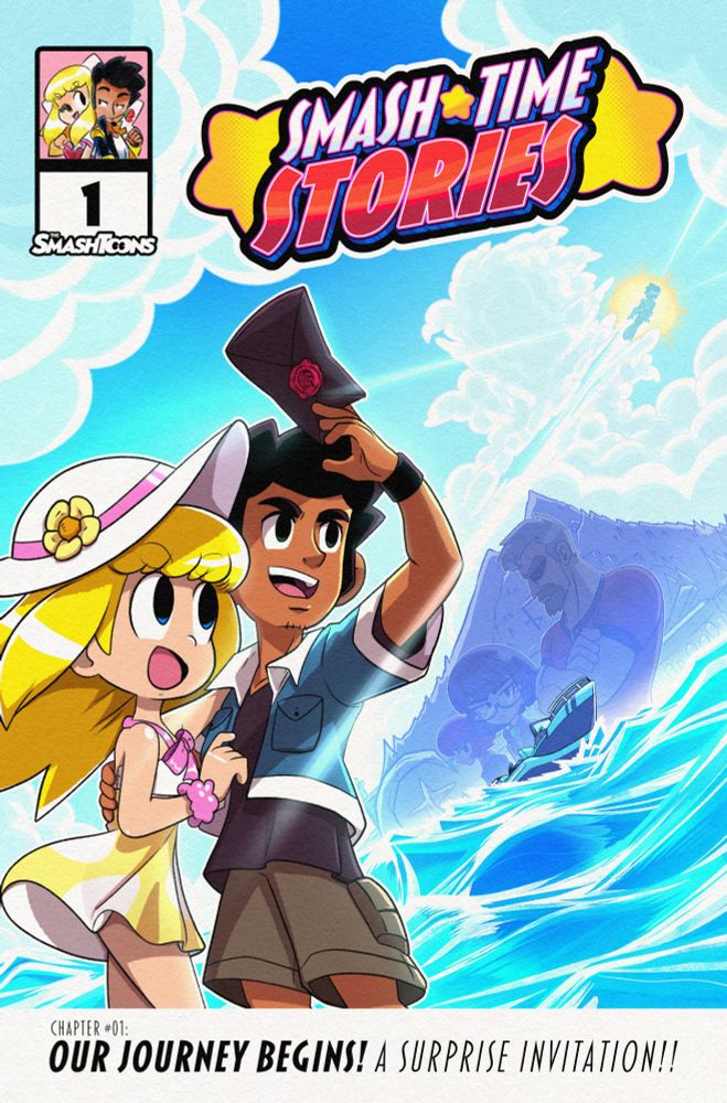 The cover page for Smash Time Stories, Chapter 1: "Our Journey Begins! A Surprise Invitation!!"

The image features Pierre, looking to the sky as he holds up an invitation. Next to him is Kayla, a girl dressed for Summer weather, looking at him. They stand in front of waves, where we can see a boat. Beyond that is a mysterious island, with mysterious figures standing before it. In the sky, what appears to be a person is flying through the clouds, blocking the sun.