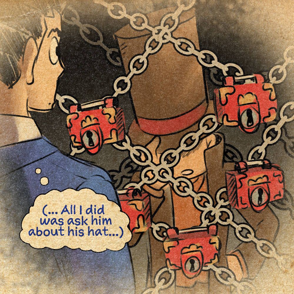 Phoenix Wright asks Professor Layton about his hat.  5 Psyche-Locks appear