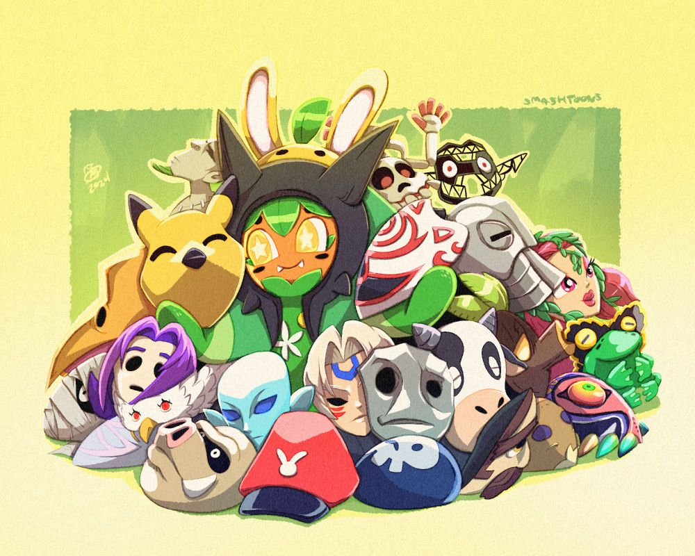 Art of Ogerpon, sitting with a pile of masks from The Legend of Zelda: Majora's Mask.