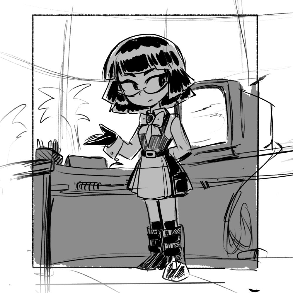 Grayscale sketch, but a lot of high contrast in her design. Her hair was also a bit messier.