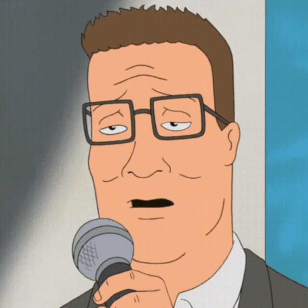 a cartoon man with glasses holds a microphone in his hand