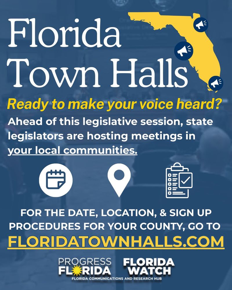Graphic promoting FloridaTownHalls.com where Floridians can get info on local county delegation meetings (town halls).