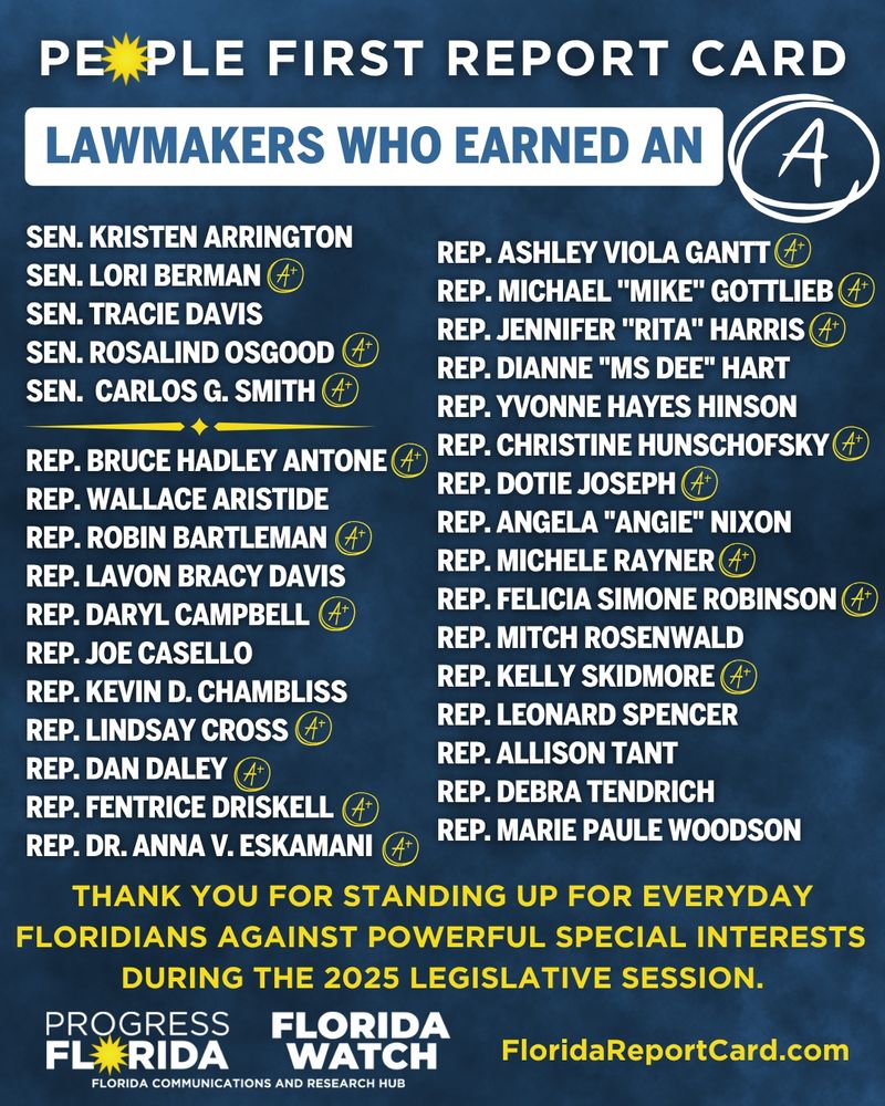 List of Florida state lawmakers who received an "A" grade on the 2025 People First Report Card from Progress Florida and Florida Watch. More at FloridaReportCard.com.