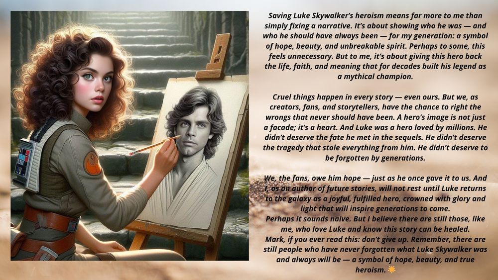🌌✨ A broken heart cannot always be mended. But sometimes, writing opens a path to heal a story.

Saving Luke Skywalker’s heroism means far more to me than simply fixing a narrative. It’s about showing who he was — and who he should have always been — for my generation: a symbol of hope, beauty, and unbreakable spirit. Perhaps to some, this feels unnecessary. But to me, it’s about giving this hero back the life, faith, and meaning that for decades built his legend as a mythical champion.

Cruel things happen in every story — even ours. But we, as creators, fans, and storytellers, have the chance to right the wrongs that never should have been. A hero’s image is not just a facade; it’s a heart. And Luke was a hero loved by millions. He didn’t deserve the fate he met in the sequels. He didn’t deserve the tragedy that stole everything from him. He didn’t deserve to be forgotten by generations.

We, the fans, owe him hope — just as he once gave it to us. And I, as an author of future stories, will not rest until Luke returns to the galaxy as a joyful, fulfilled hero, crowned with glory and light that will inspire generations to come.

Perhaps it sounds naive. But I believe there are still those, like me, who love Luke and know this story can be healed.

Mark, if you ever read this: don’t give up. Remember, there are still people who have never forgotten what Luke Skywalker was and always will be — a symbol of hope, beauty, and true heroism. 🌟

#LukeSkywalker #Hope #StarWars #MarkHamill #LegendsNeverDie