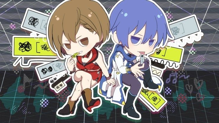 A fan art of MEIKO & KAITO eating notes (VOCALOID Editor/Piapro studio)