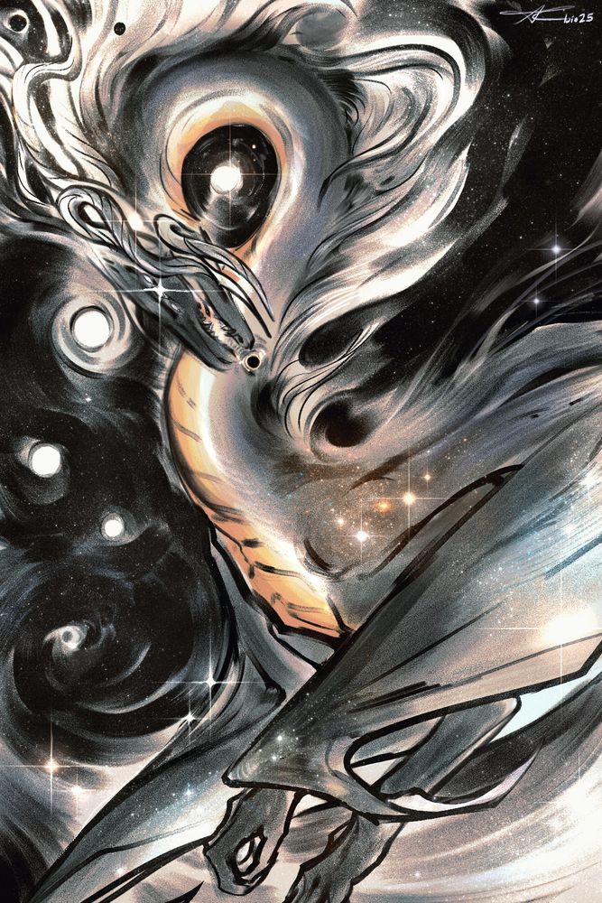 a half-body, side view of a horned dragon in stark lights and darks, surrounded bu orbs and whisps of stardust
