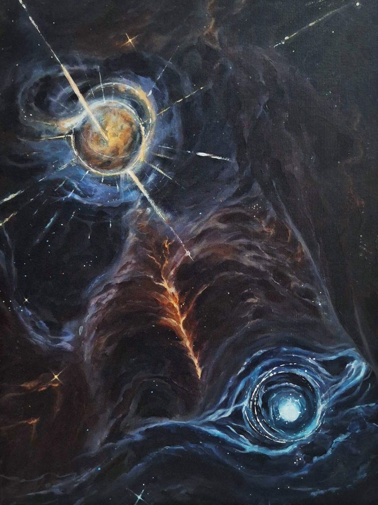 a nebulous entity overlooks and gyroscope ish orb, its face obscured by lensing that mimics a halo