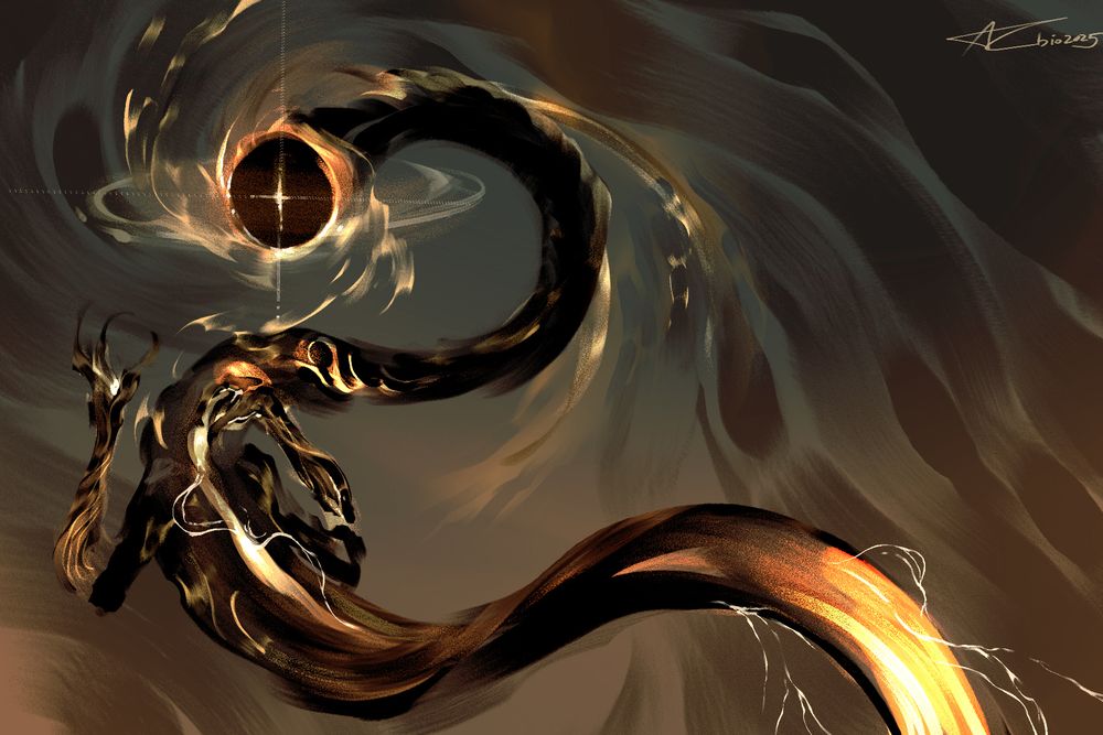 a winding, poised black dragon with two arms and a black hole as a face