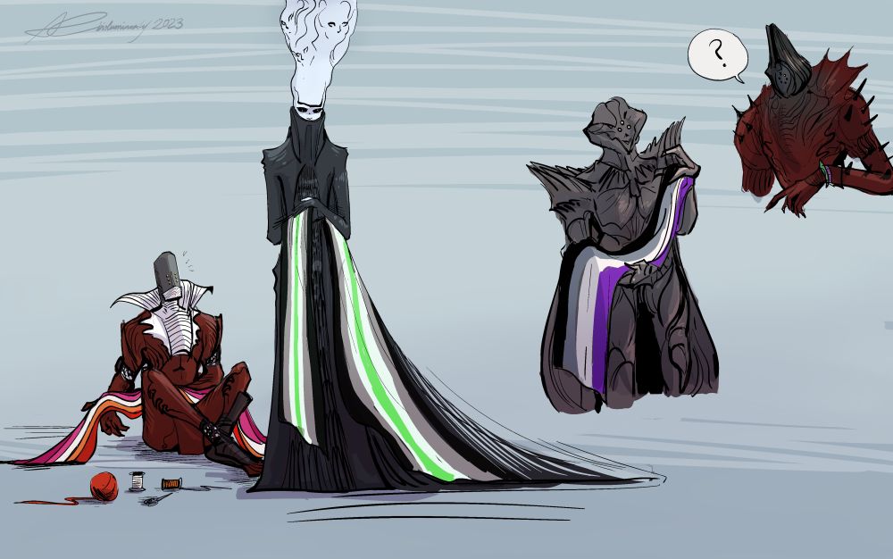 rhulk with a lesbian flag and yarn, the witness with aromantic flag, and nezarec asking about savathun's ace flag.