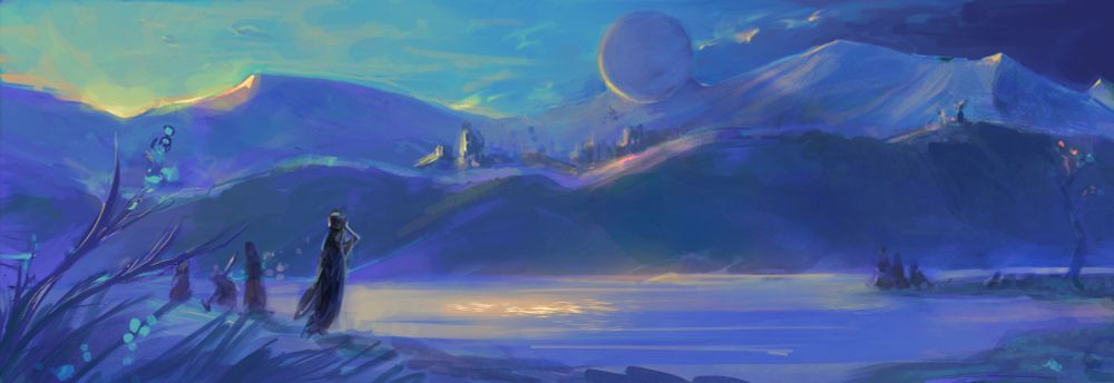 an ultrawide, mainly robin blue landscape of a sunrise on an alien world. figures tend crops and collect water in a lush valley, overlooked by a city in the mountains with the Traveler above.