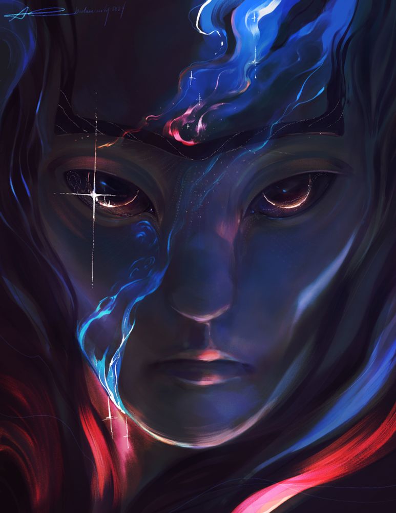 A portrait of the Witness from destiny 2 surrounded by ethereal, glowing petals and sparkling stars on its skin. 