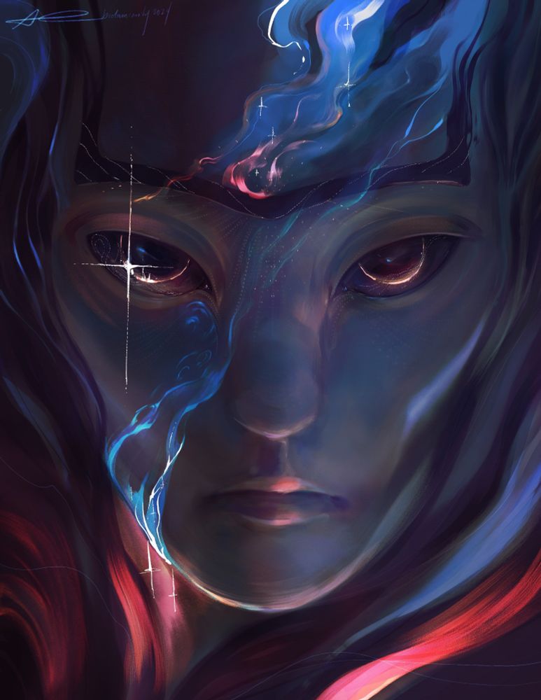 A portrait of the Witness from destiny 2 surrounded by ethereal, glowing petals and sparkling stars on its skin. 
