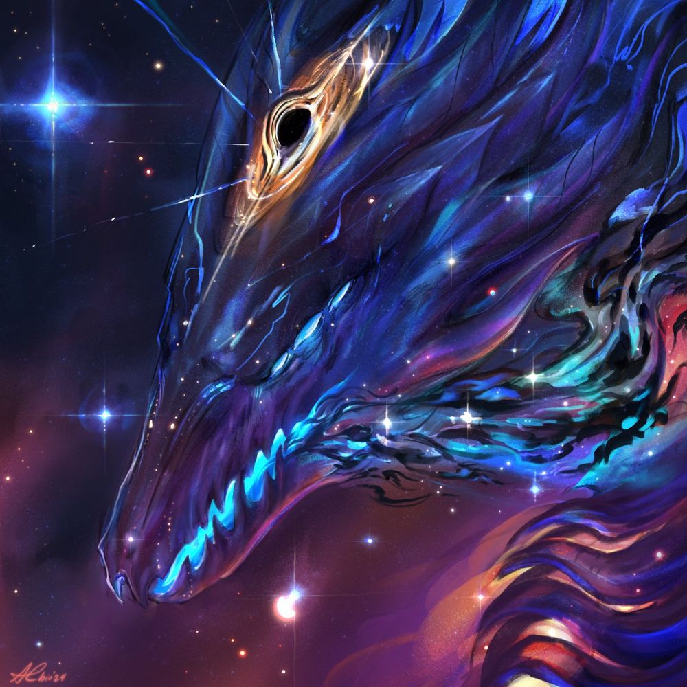 a colorful, but mostly blue and purple dragon rendered as starlight with a crown singularity, 6 eyes, and dark matter pouring out of its mouth instead of firebreath.