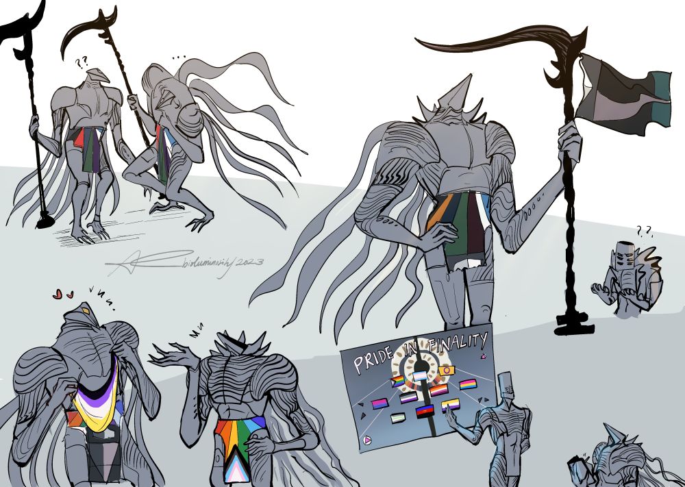 Tormentors from Destiny 2 noticing the flag-like drapes on their waists after learning about pride flags