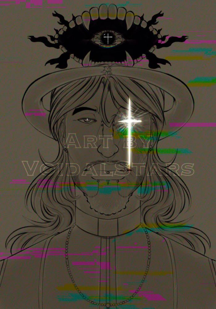 A male figure silhouetted by his angelic form