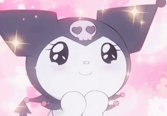 a close up of a cartoon character with a skull on her head and hearts on her eyes .