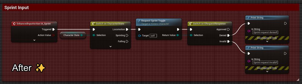 Blueprint nodes showcasing simplified sprint control logic. Useful interfaces are exploded to blueprints, with all the background logic logged & handled within a custom character class.