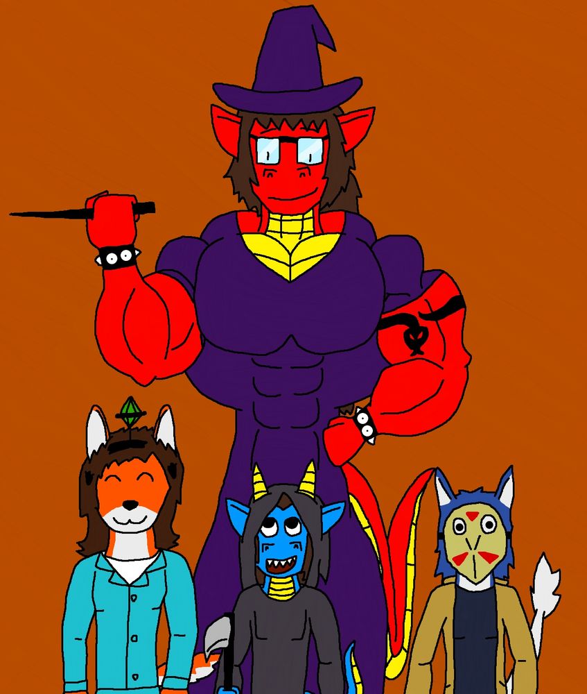Angela dressed as a witch with her little brother and his friends. From left to right they are dressed as a Sims 1 sim, grim reaper, and Jason Vorhees respectively.