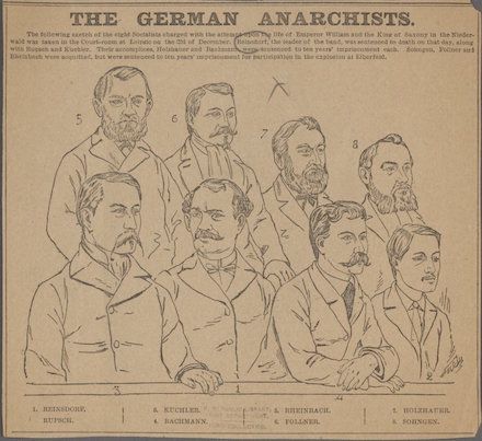 Gerichtszeichnung der insgesamt acht Angeklagten, offenbar für das englischsprachige Publikum.