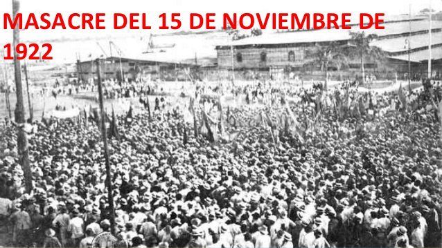 Schwarz-Weiß-Fotografie einer Menschenmenge mit Fahnen, dazu auf spanisch die Aufschrift "Massaker des 15. November 1922".