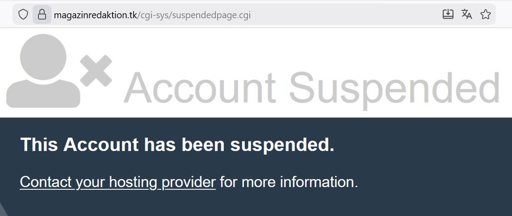 Screenshoit, aus dem hervorgeht, dass die Seite der Magazin-Redaktion suspendiert wurde.