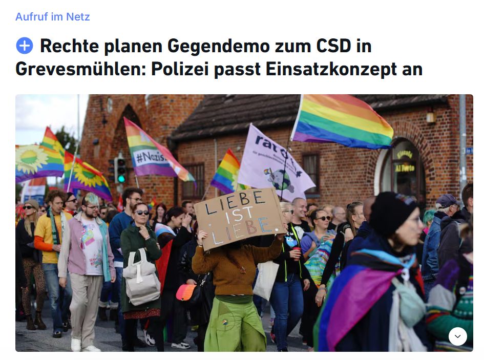 Screenshot Ostseezeitung: Rechte planen Gegendemo zum CSD in Grevesmühlen: Polizei passt Einsatzkonzept an.