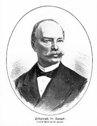 Oval eingefasstes, gezeichnetes Portrait des getöteten Rumpff. Er hat eine Halbglatze, trägt einen Anzug und einen Schnauzbart.