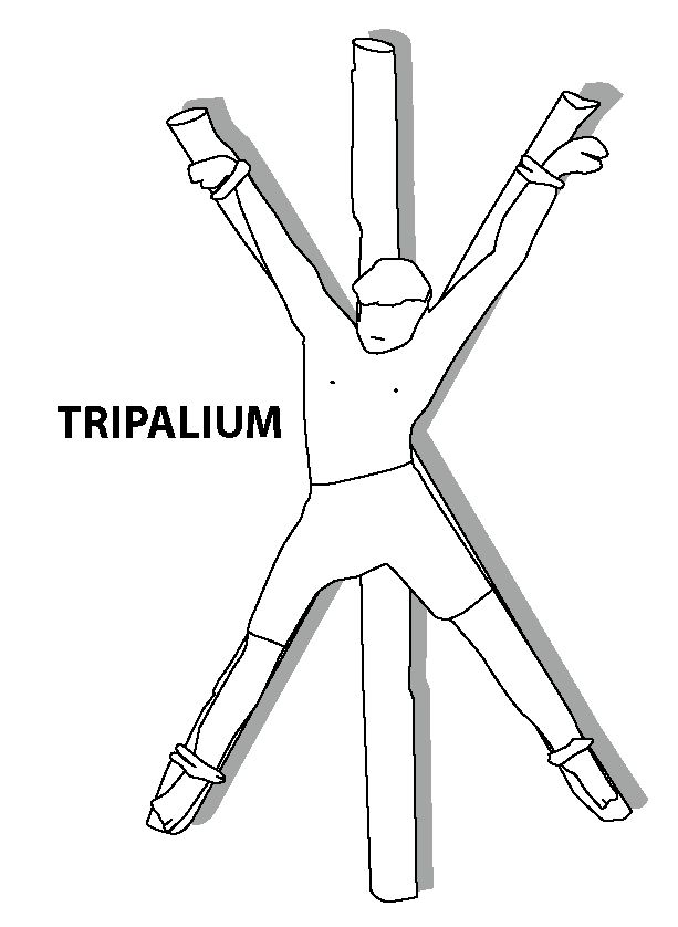 Ein Tripalium, bestehend aus drei gekreuzten Pfählen, an die ein Mensch gebunden wird. 