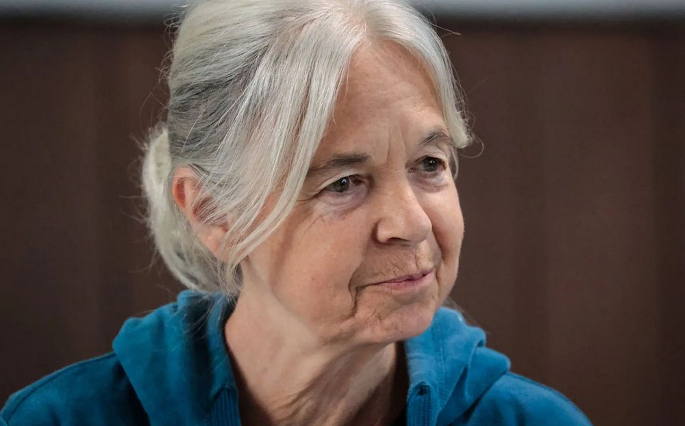 Daniela Klette mit grauem Zopf in blauem Kapuzenpullover.