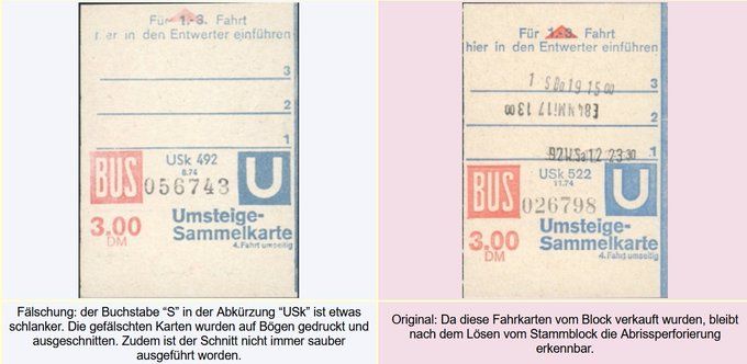Abbildung der Originalfahrkarte neben einer gefälschten, es ist kaum ein Unterschied auszumachen.