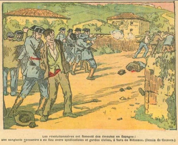 Colorierte Zeichnung, eine Gruppe uniformierter Soldaten schießt auf eine Gruppe Flüchtender, auf der Straße liegt ein Toter, zwei Männer werden von den Soldaten verhaftet.