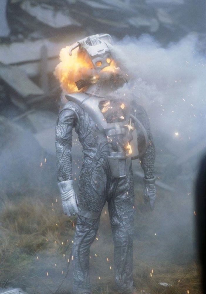 A Cyberman from Doctor WHO exploding 