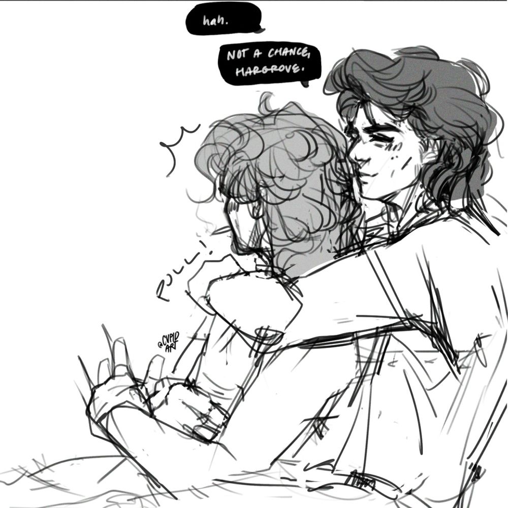 Steve Harrington & Billy Hargrove sitting together, Billy in Steve’s lap. The text reads: “aha. Not a chance, Hargrove.” 