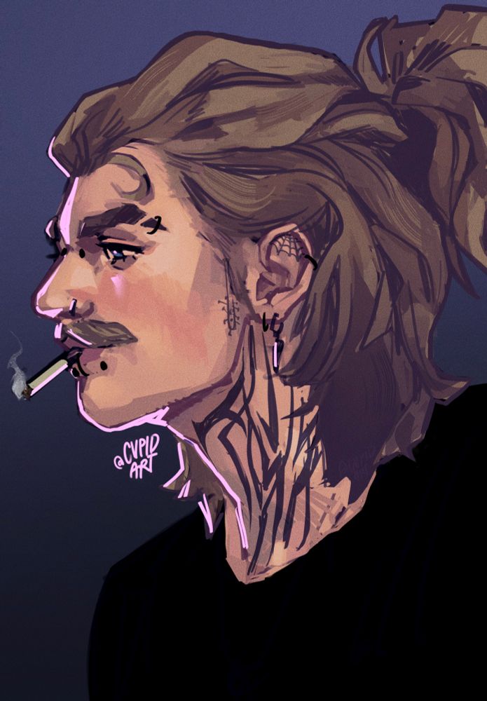 Billy Hargrove painted in portrait view with tattoos and piercings. His hair is pulled back into a half bun, and his neck is covered in jagged linework. 
