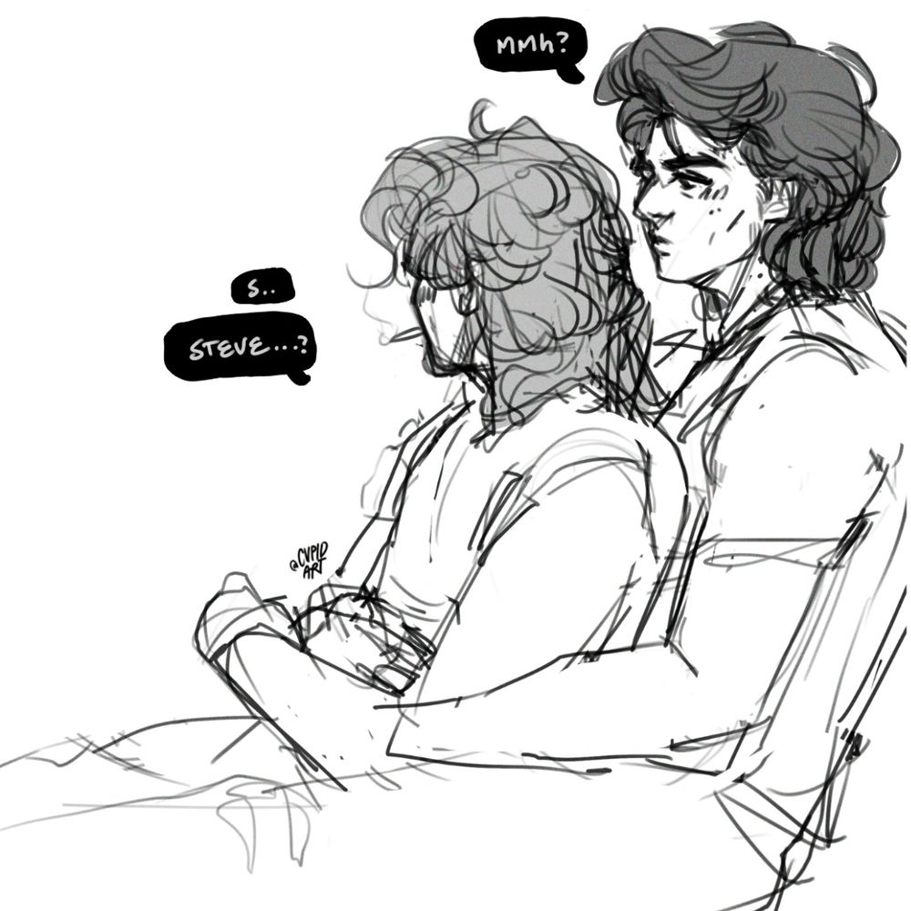 Steve Harrington & Billy Hargrove sitting together, Billy in Steve’s lap. The text reads: “S…Steve?” “mmh?” 