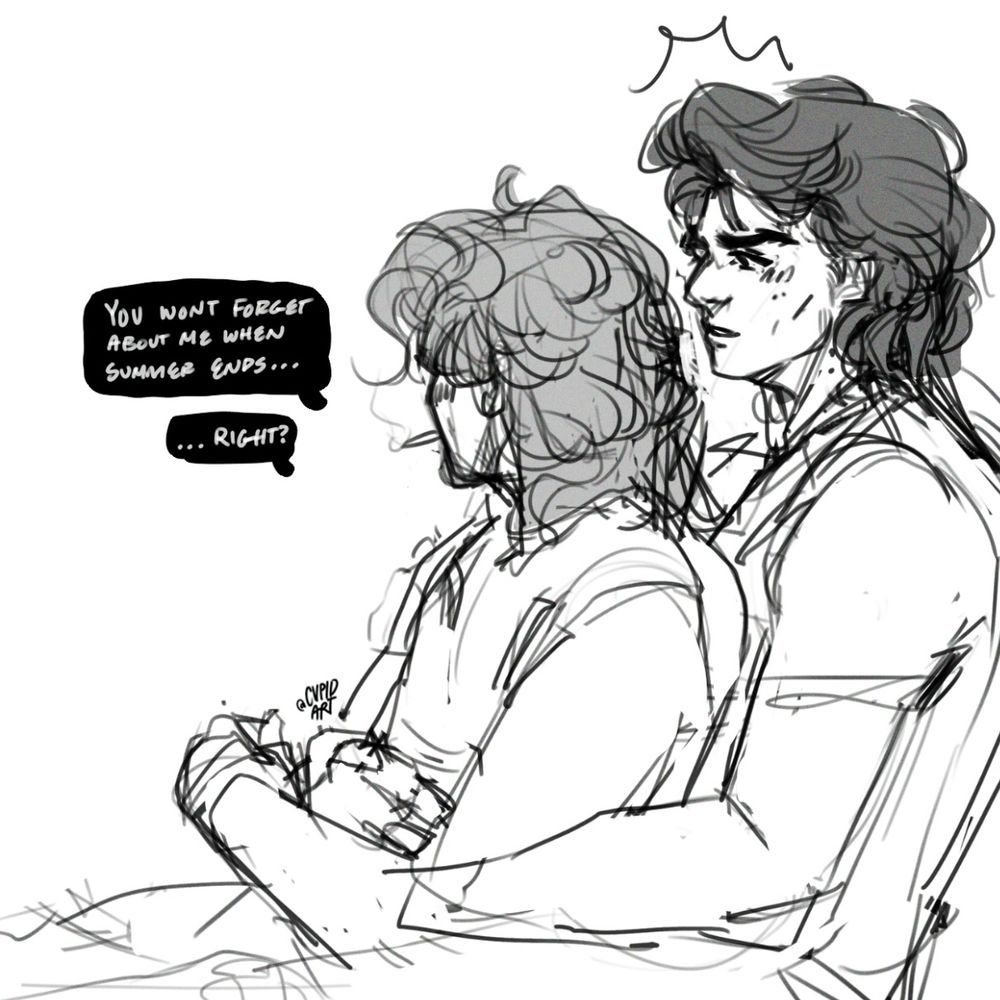 Steve Harrington & Billy Hargrove sitting together, Billy in Steve’s lap. The text reads: “You won’t forget about me when summer ends…Right?” 